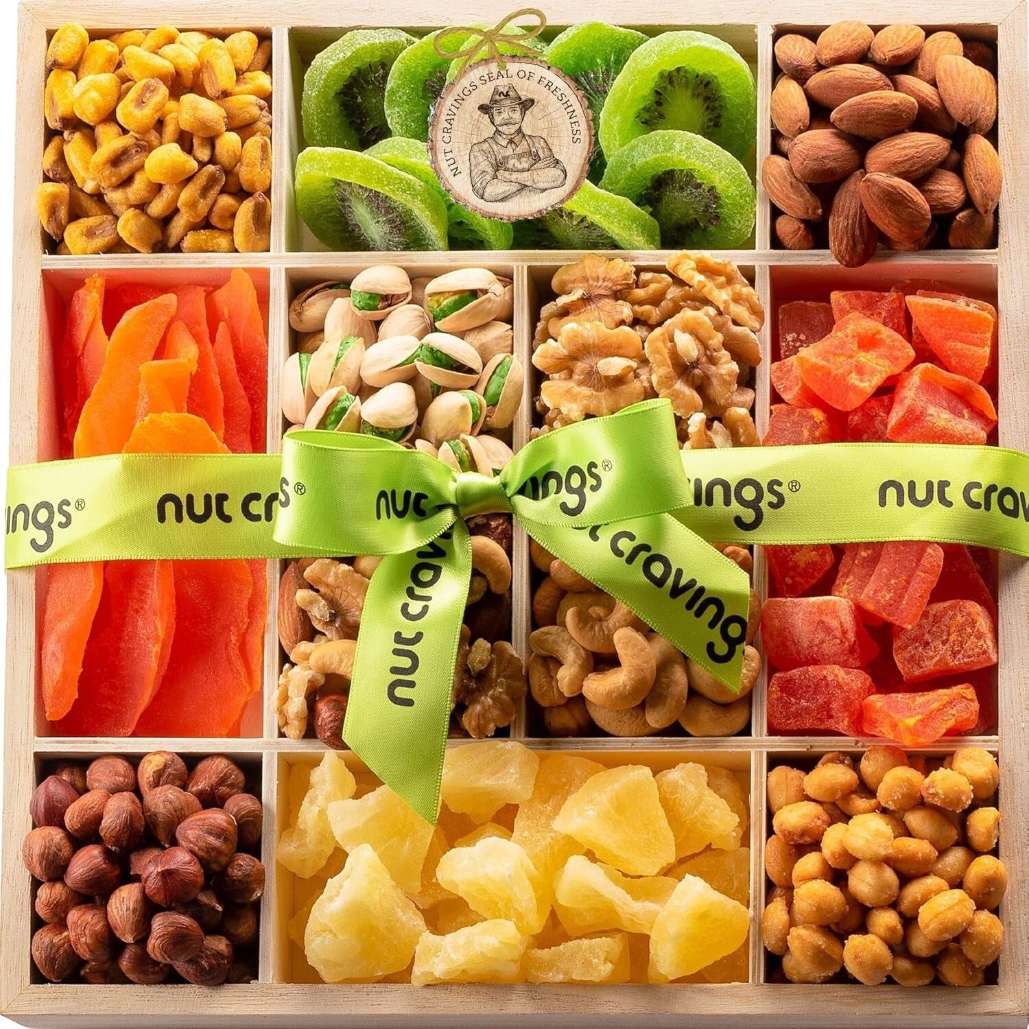 Deluxe Nut & Dried Fruit Care Package - 12 Assortments in Reusable Wooden Tray
