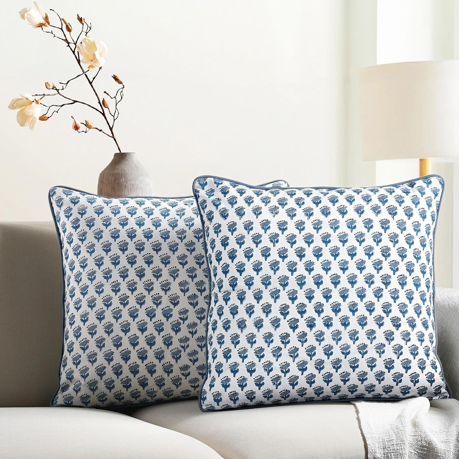 Handcrafted Apatite Blue Floral Throw Pillow Covers - Elegant Bohemian Style