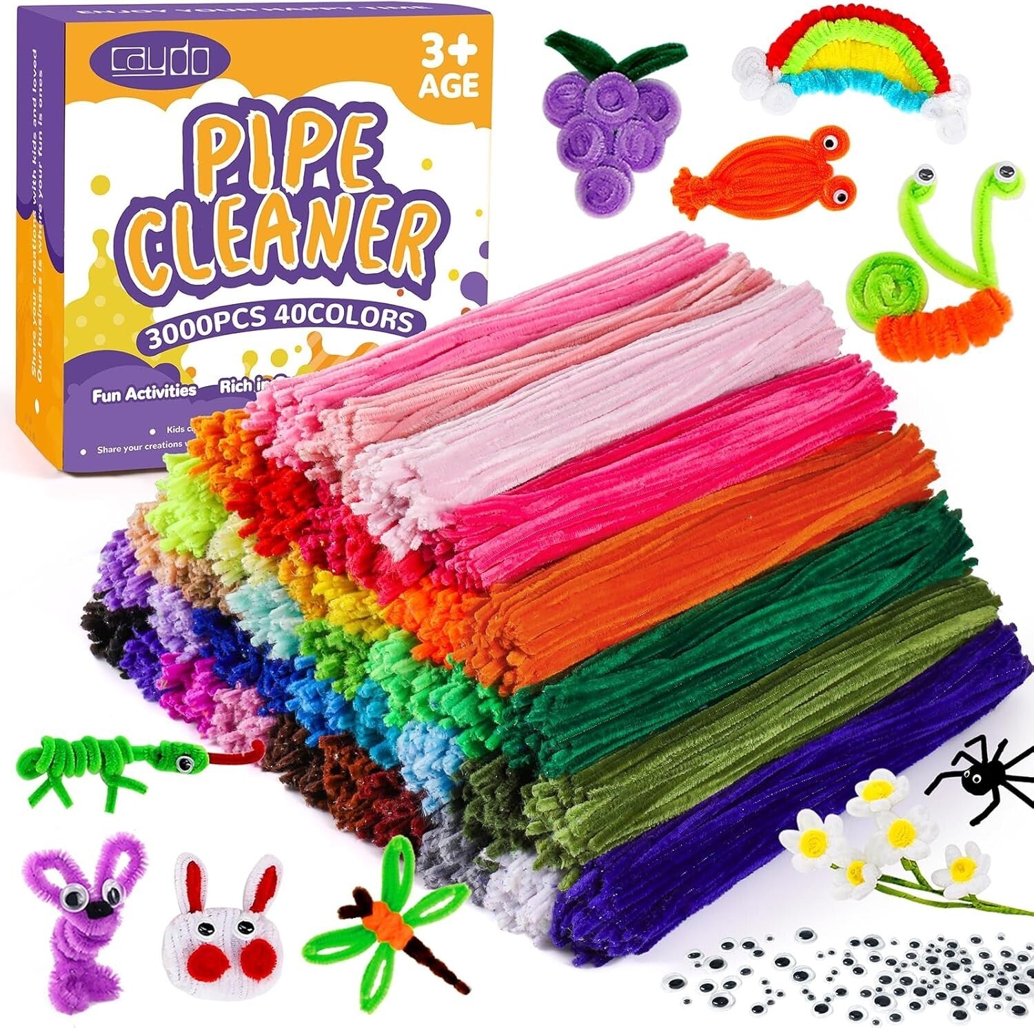 Large 3000-Piece Chenille Stems & Wiggle Eyes Set for Craft Classes & Home Fun