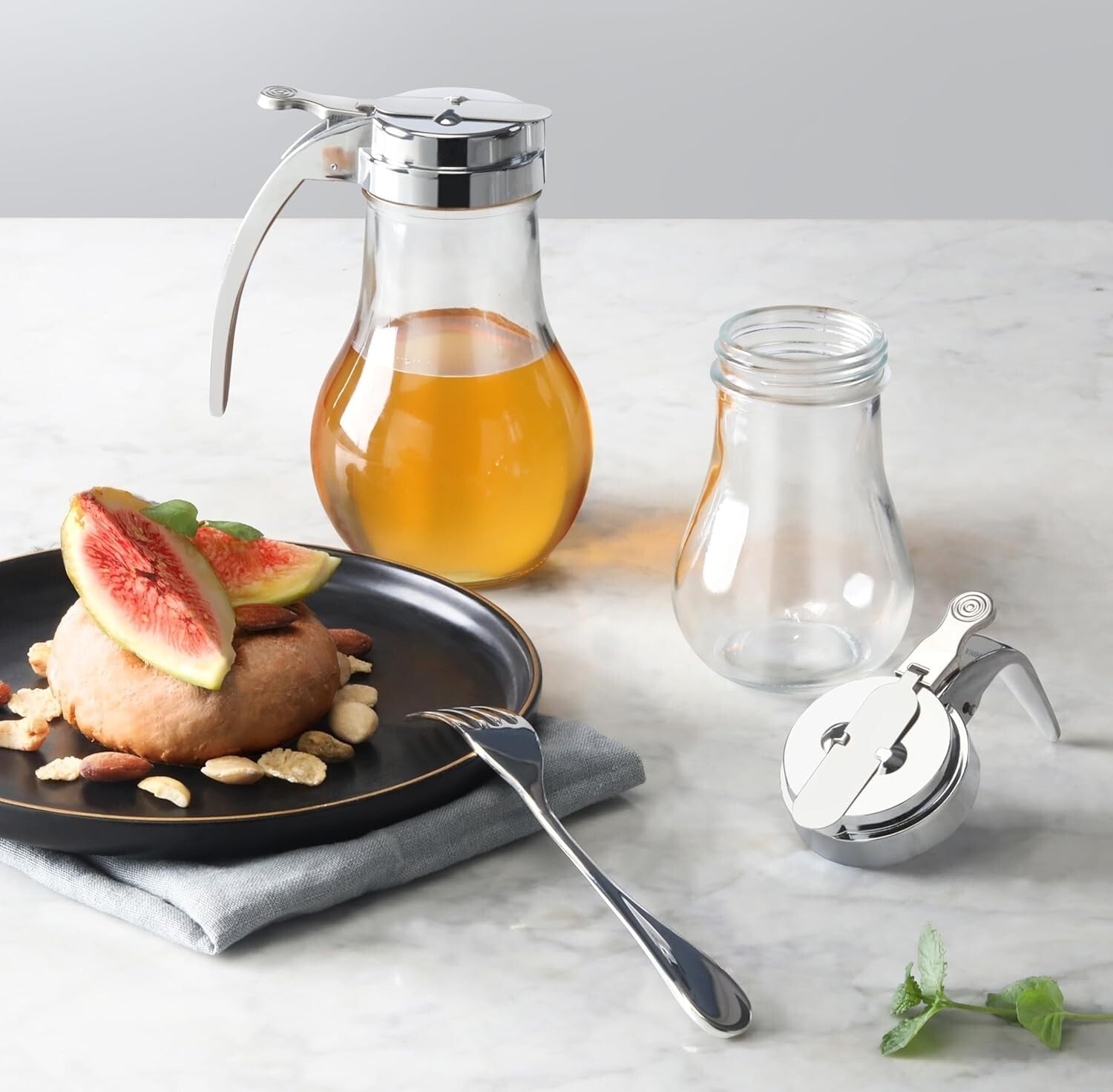 Elegant 14 Oz Glass Honey Dispenser with Chrome Spout & Thumb Lever - Set of 12