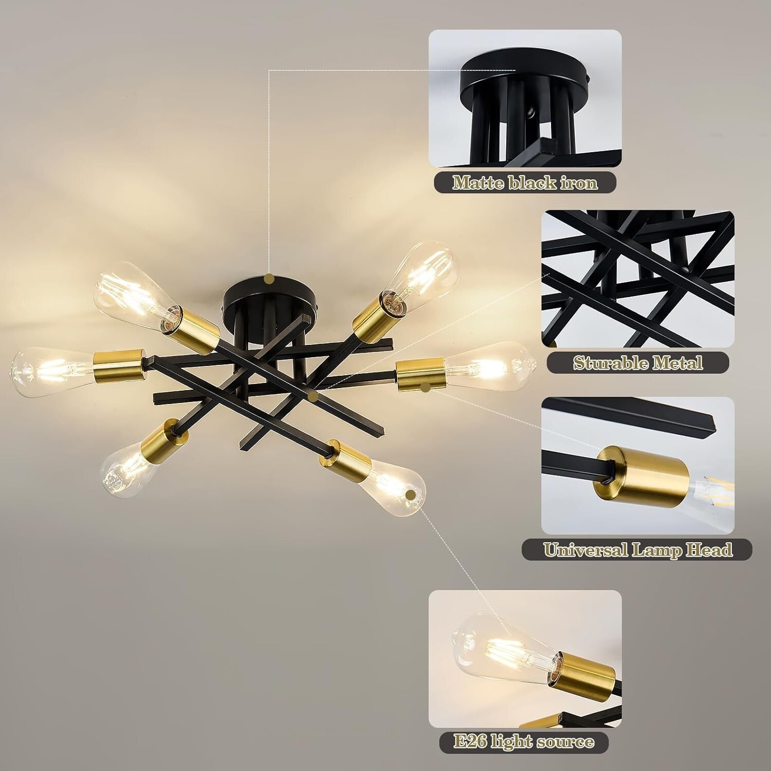Luxurious 6-Bulb Sputnik Chandelier - Ideal for Dining, Living & Bedroom Decor
