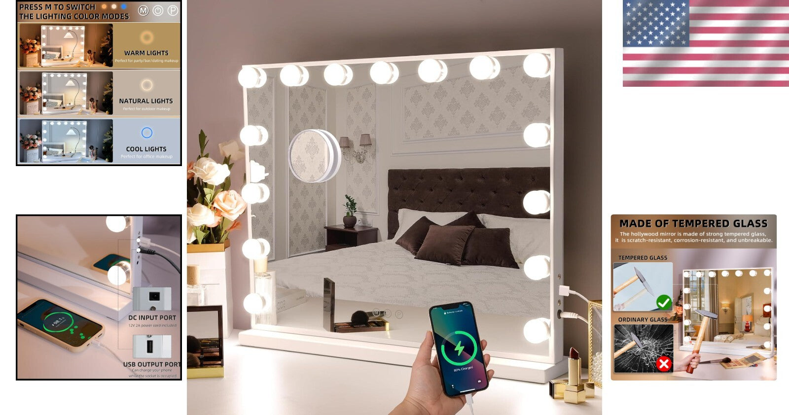 LED Lighted Makeup Mirror 22''x18'' with 10X Magnification & 3 Color Settings