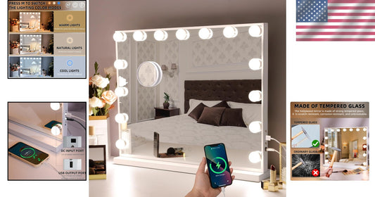 LED Lighted Makeup Mirror 22''x18'' with 10X Magnification & 3 Color Settings