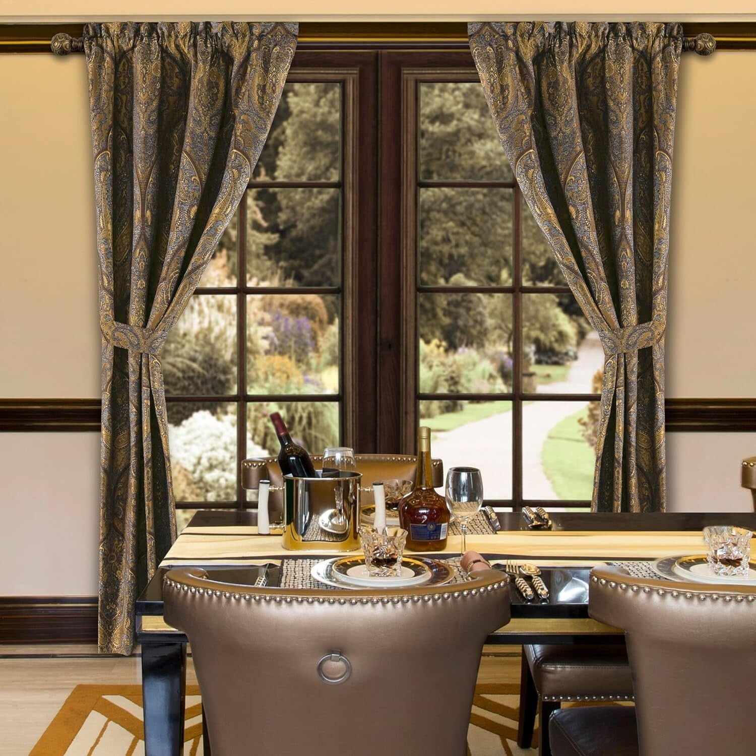 Darkening Jacquard Damask Curtain Panels - Luxury Bronze Gold Curtains Set of 2