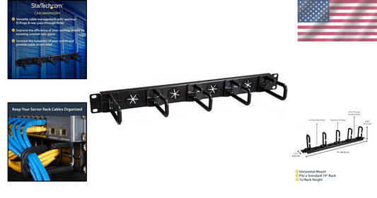 Efficient 1U 19" Cable Organizer: Rack Mount with D-Ring Hooks & Pass-Through