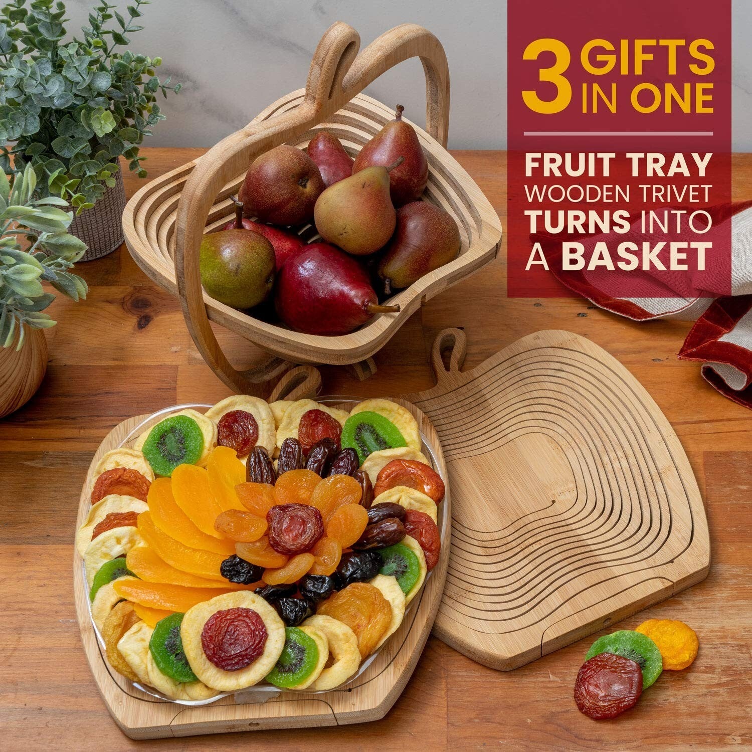 Exquisite Dried Fruit Gift Basket in Wooden Bowl – Perfect Gourmet Snack Tray