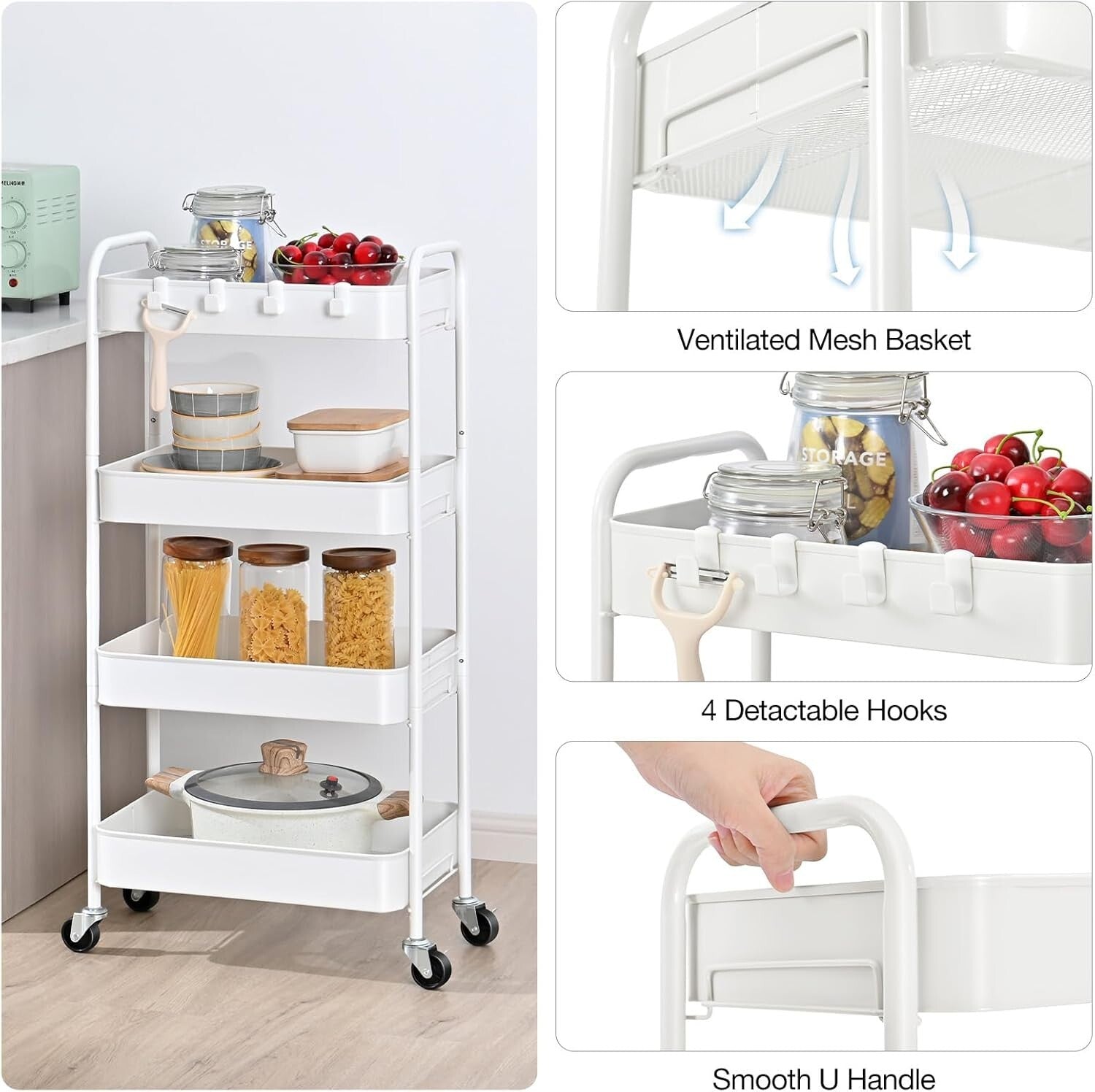 Sturdy 4-Tier Rolling Cart with Wheels - Ideal Baby, Craft, and Kitchen Storage