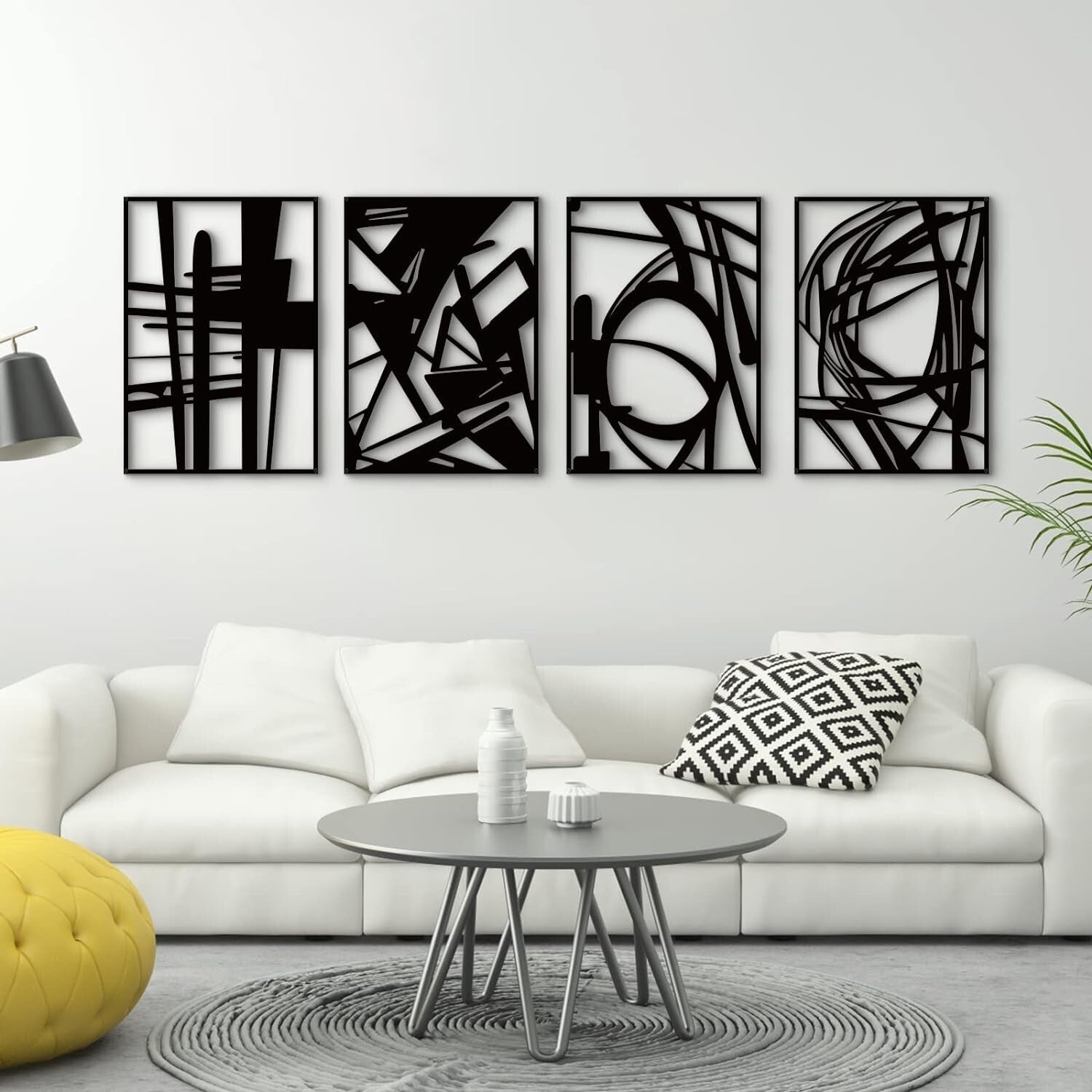 Elegant 3D Textured Black Metal Wall Sculptures - Modern Abstract Art Set of 4
