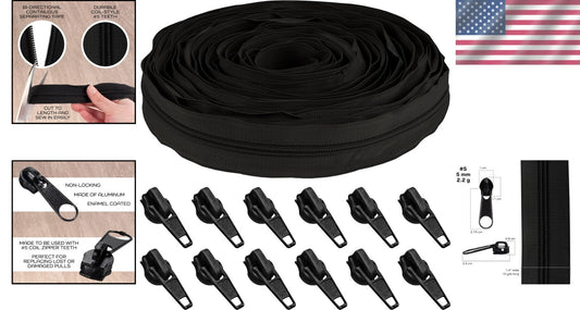 200 Yards Durable Black Nylon Zipper Tape with 200 Metal Pulls for DIY Projects