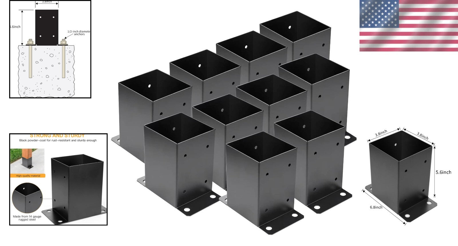 Black Powder-Coated 4x4 Post Bases (10 Pack) - Simple Installation Included