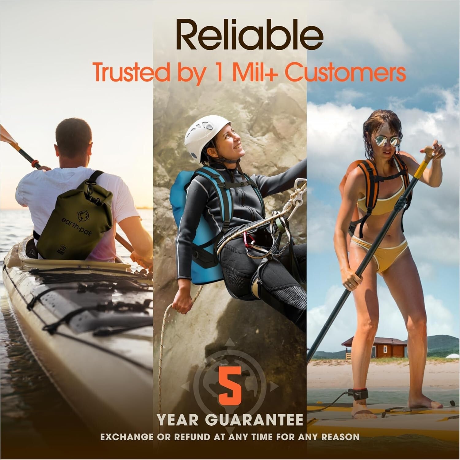 Lightweight Orange 55L Waterproof Backpack Sack with Phone Case for Kayaking