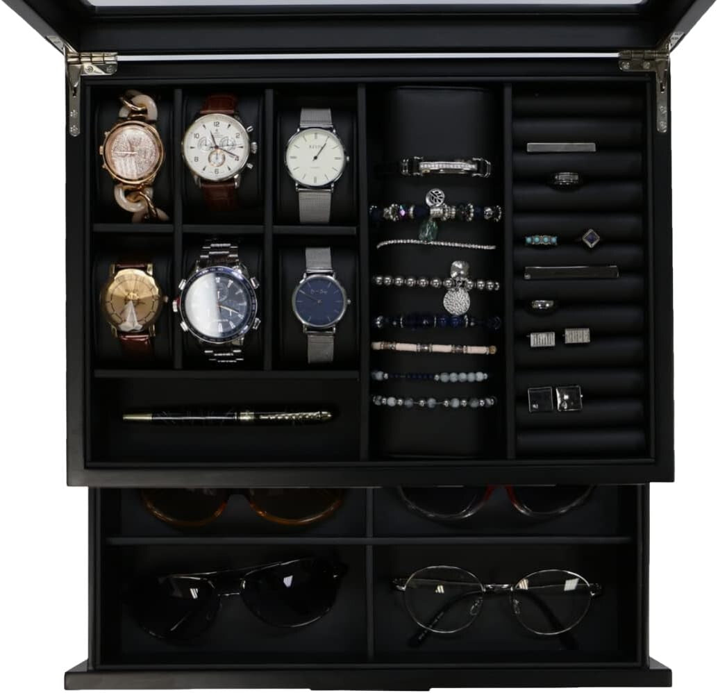 Premium Jewelry and Sunglasses Box with Magnetic Closure - 12 Compartment Design