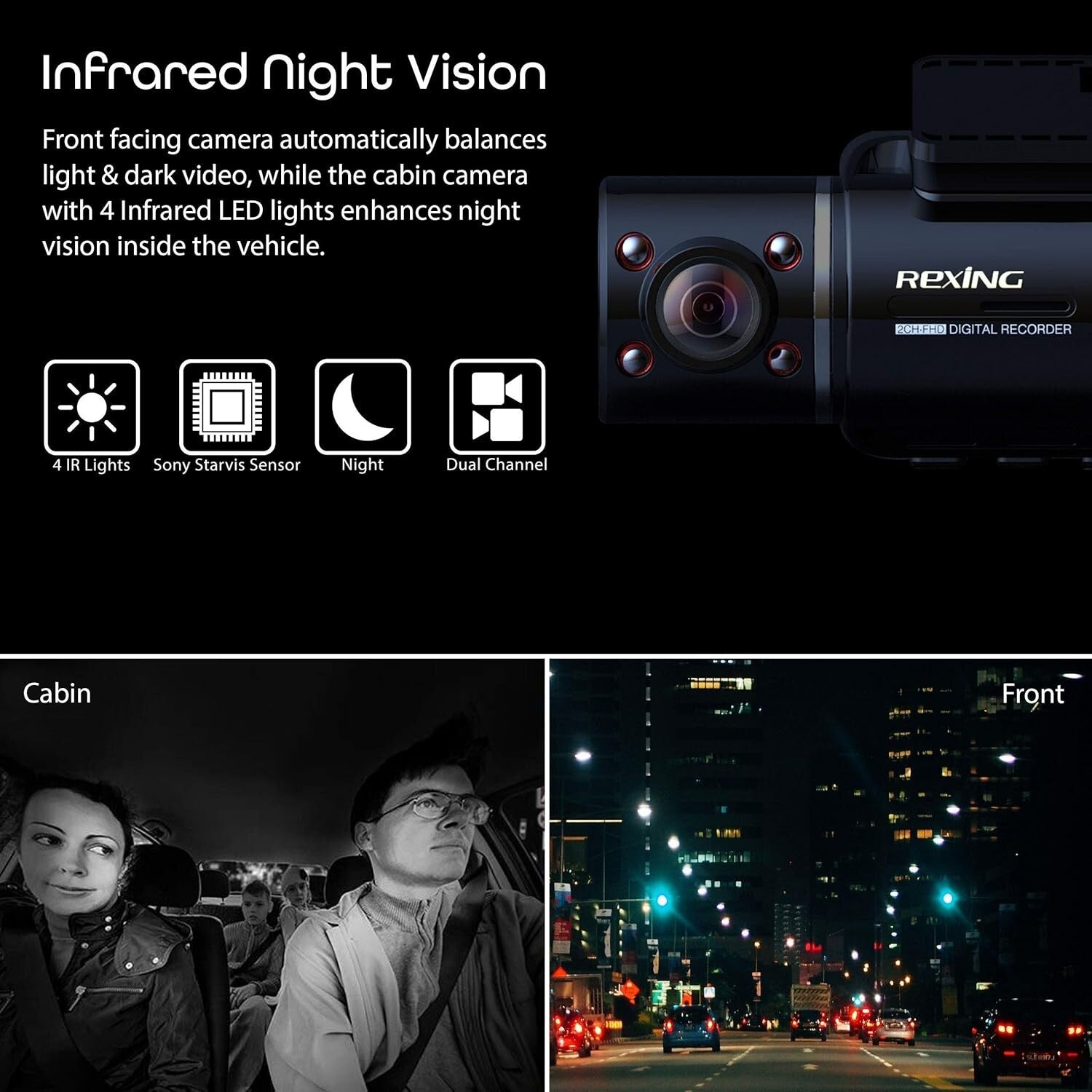 Full HD Dual Camera Car Dash Cam with Infrared Night Vision & Supercapacitor
