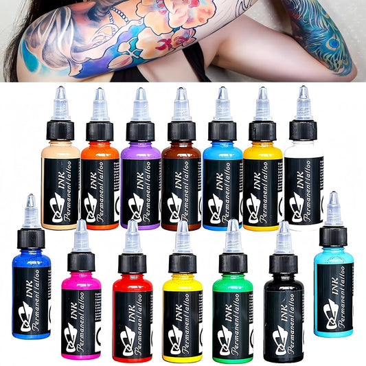 Professional Tattoo Ink Pigment Kit - 14 Colors, 1 fl oz Bottles for Skin Art