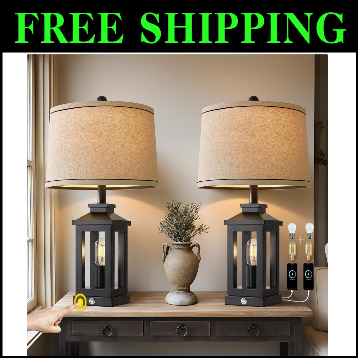 Elegant 23.75" Vintage Modern Table Lamps with Dimmable Touch Control - 2 Pack