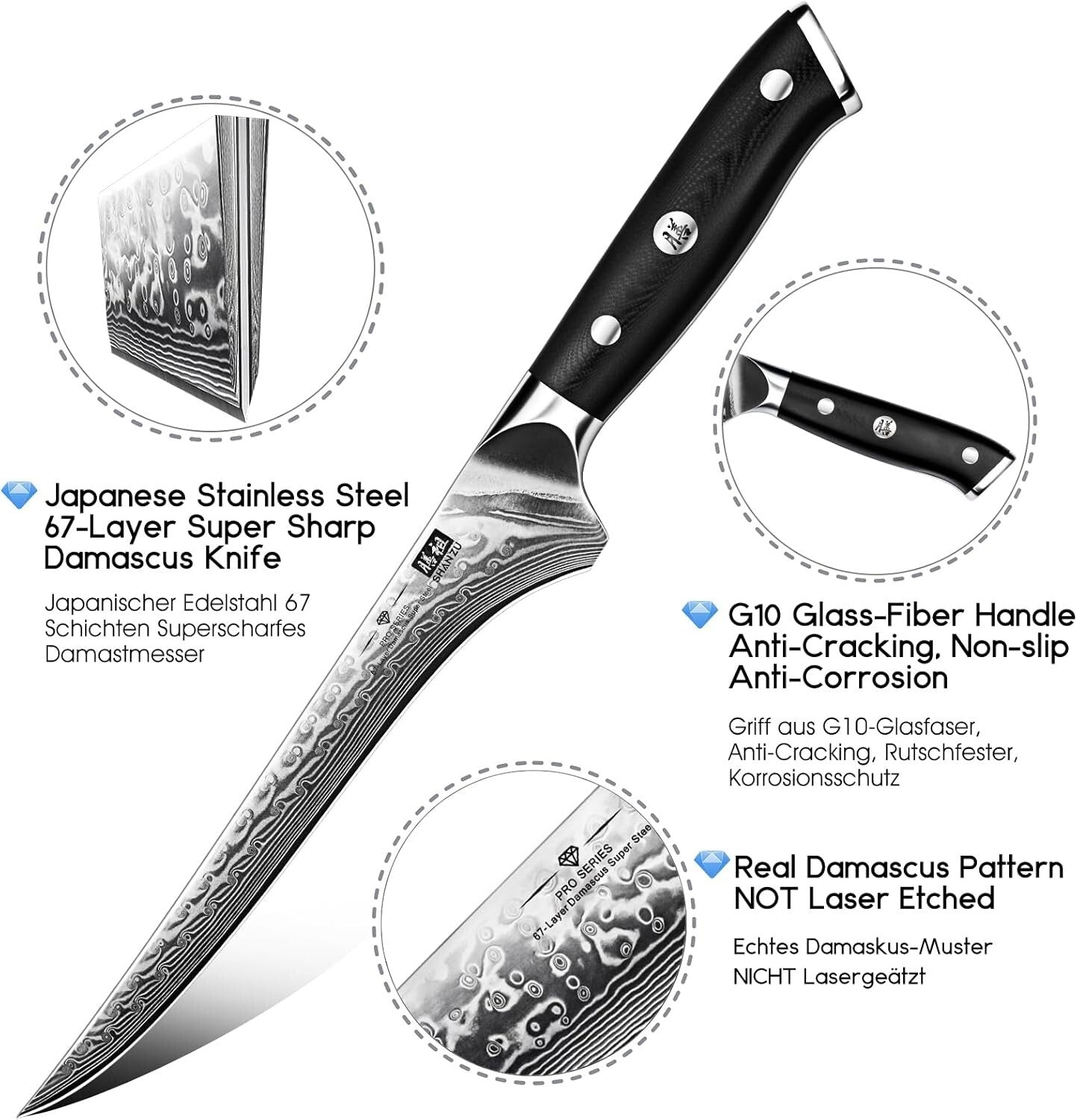 Professional 7-Inch Boning Knife with 67 Layers of Damascus Steel - Lightweight