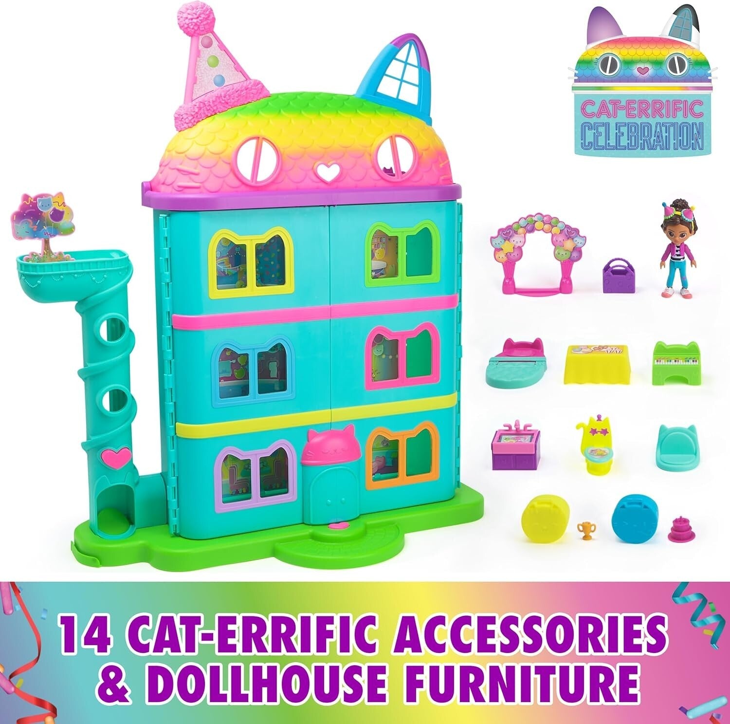 Gabby's 14-Pc Interactive Dollhouse Set - 25-Inch Celebration Toy for Kids