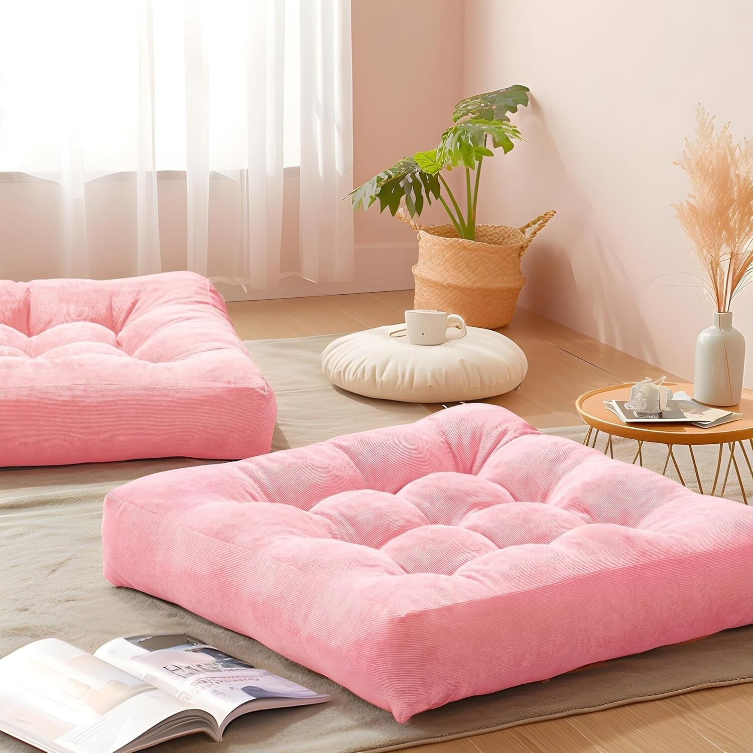 Set of 2 Stylish Pink Corduroy Floor Pillows – Ideal for Relaxation & Meditation