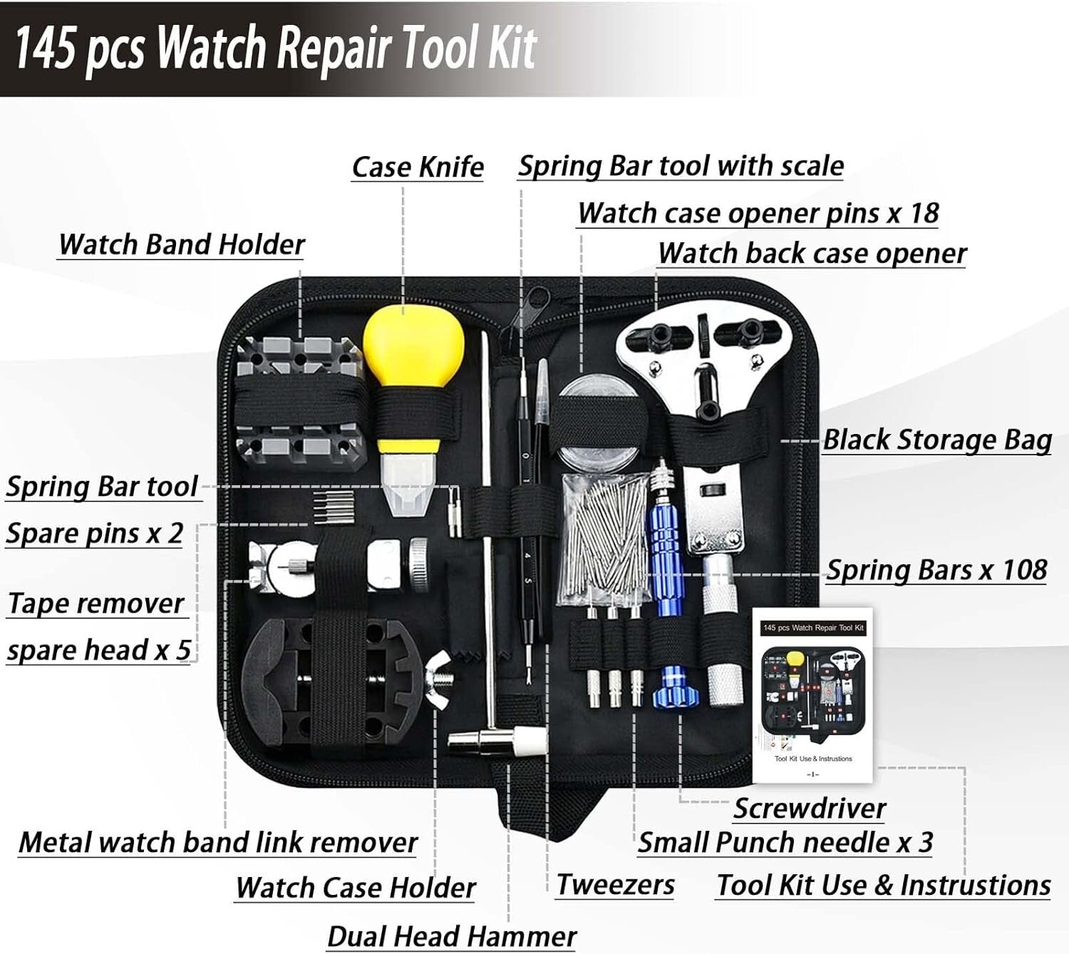 All-in-One Watch Repair Kit with Adjustable Case Opener & Link Removal Tools