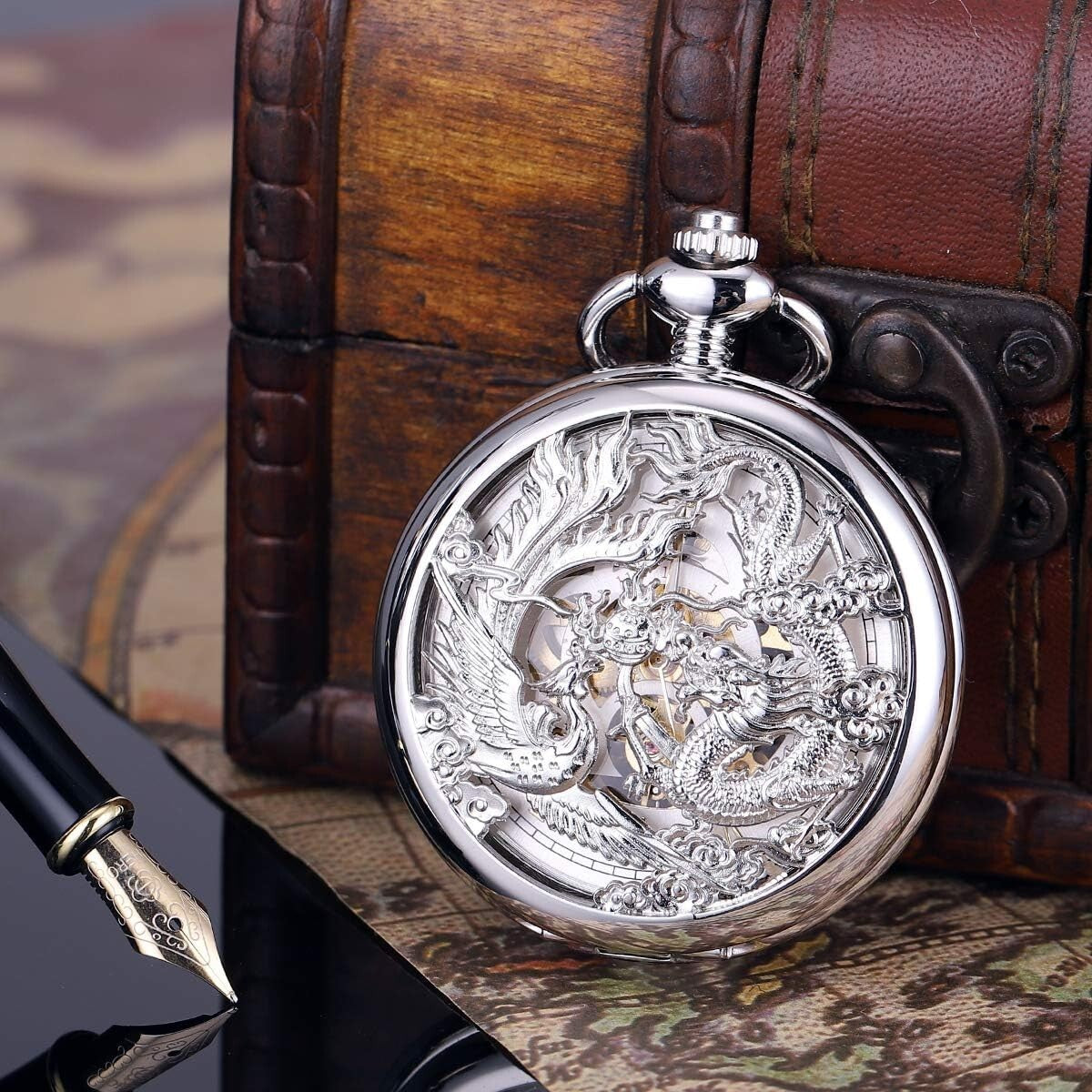 Elegant Mechanical Pocket Watch with Skeleton Dial - Dragon & Phoenix Design