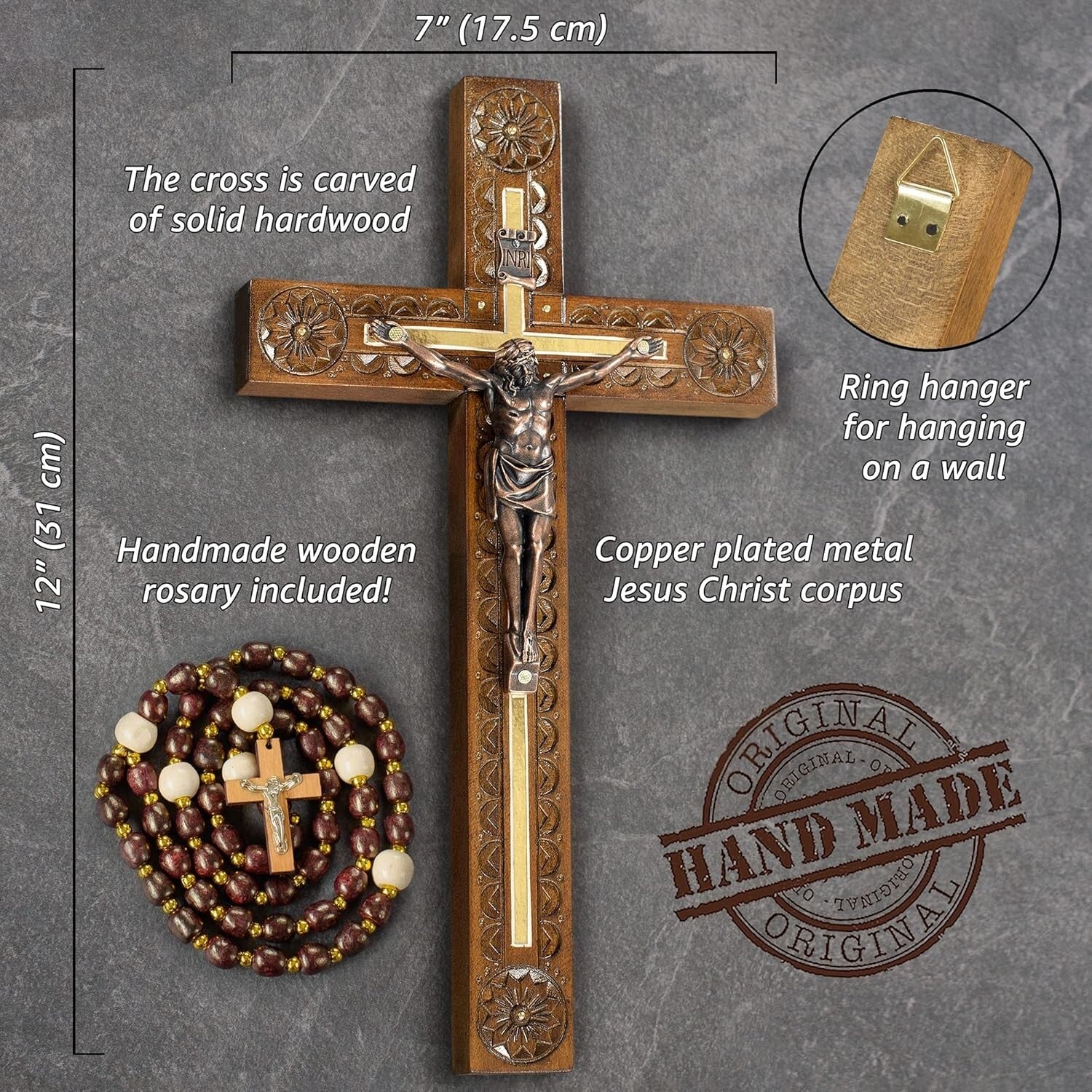 Handcrafted 12-Inch Crucifix Wall Cross - Elegant Decor with Wooden Rosary Gift