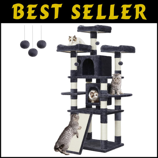 Multi-Level Cat Tree for All Breeds – Cozy 67 Inches of Smoky Gray Comfort