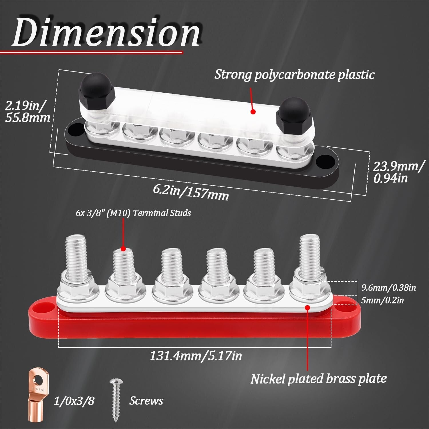 12V-48V Bus Bar with 6 M10 Terminal Studs - Includes Battery lugs & Heat Shrink