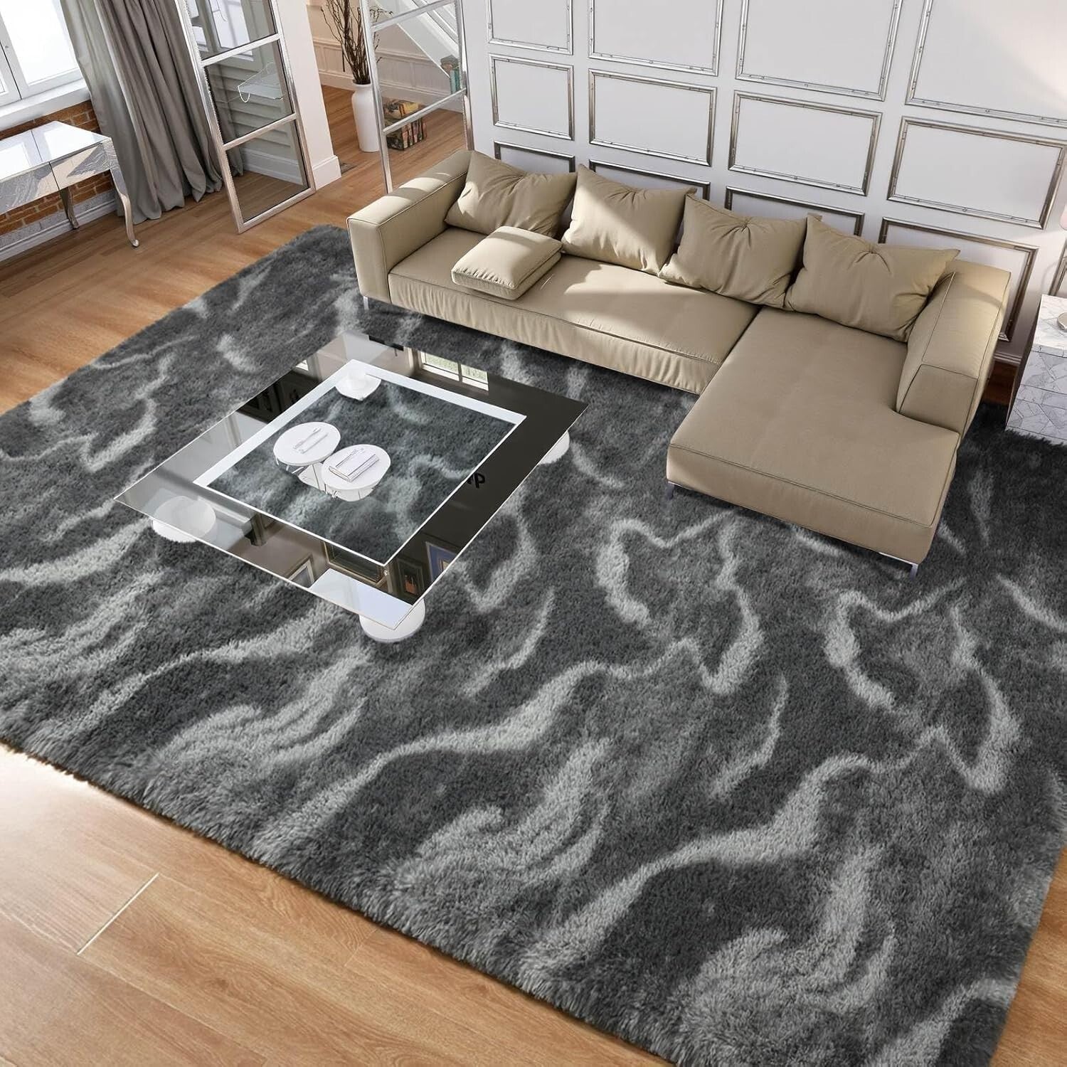 Elegant Black & White Shag Rug, 6x9 Feet Soft Velvet for Cozy Living Spaces