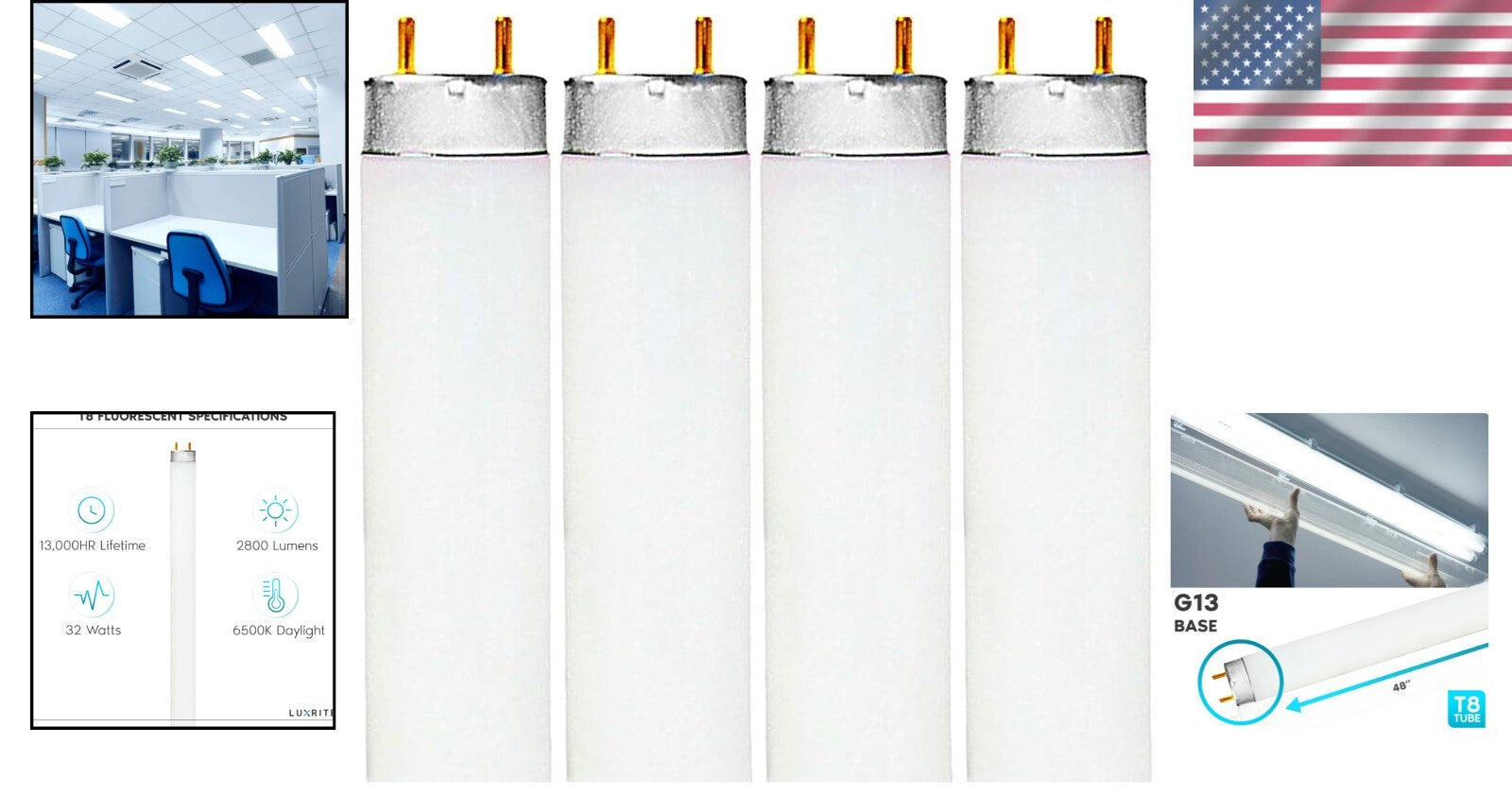 Brighten Spaces with 4-Pack 48 Inch T8 Fluorescent Tube Bulbs - 6500K Daylight