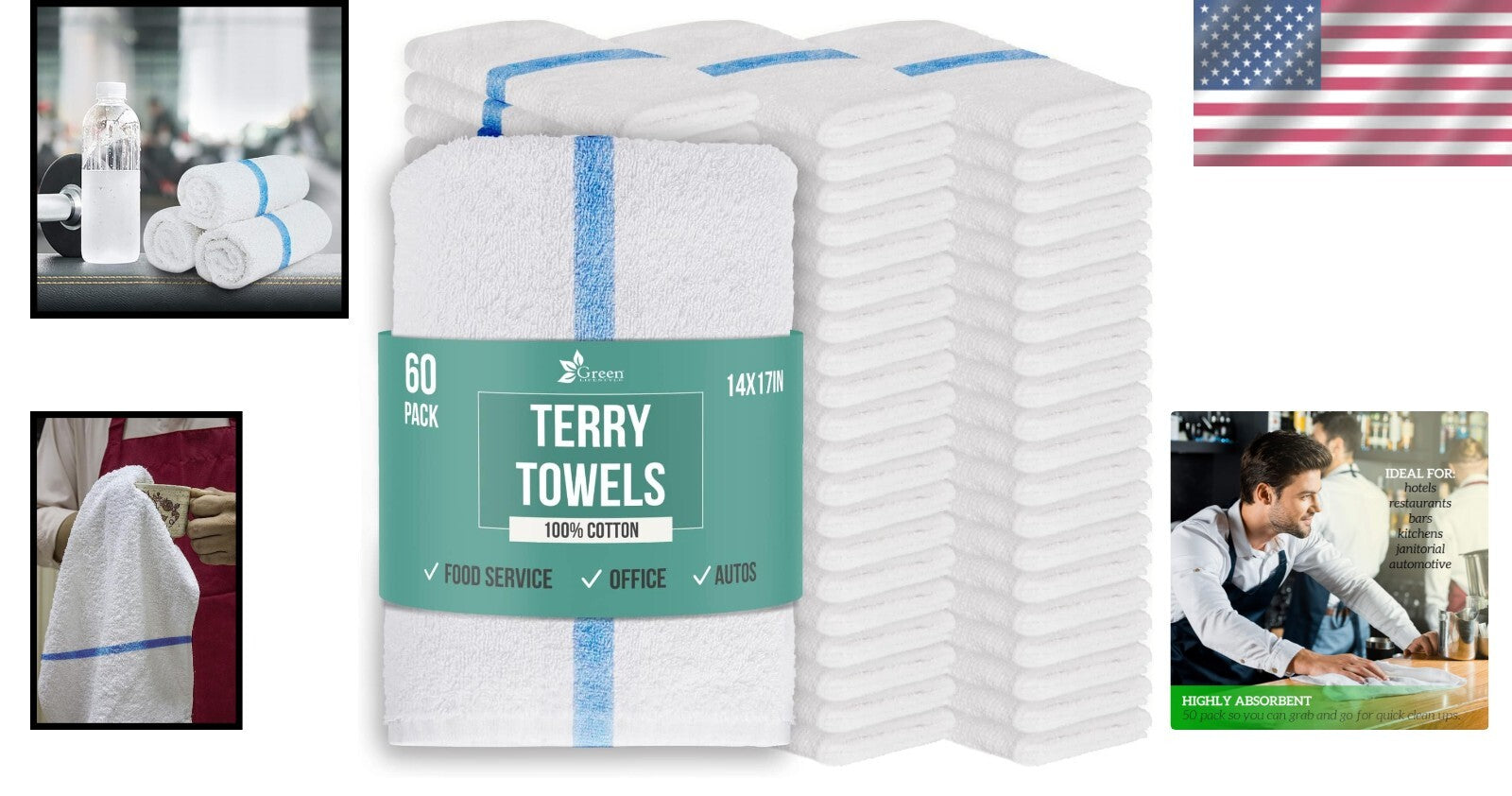 Durable Lint-Free 60 Pack of Blue Stripe Terry Towels - Eco-Friendly Solution