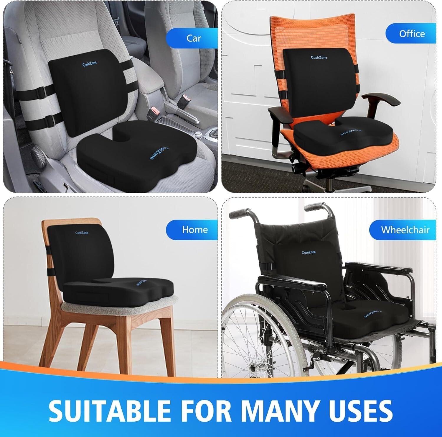 X-Large Memory Foam Seat Cushion & Lumbar Pillow with Adjustable Strap – Black