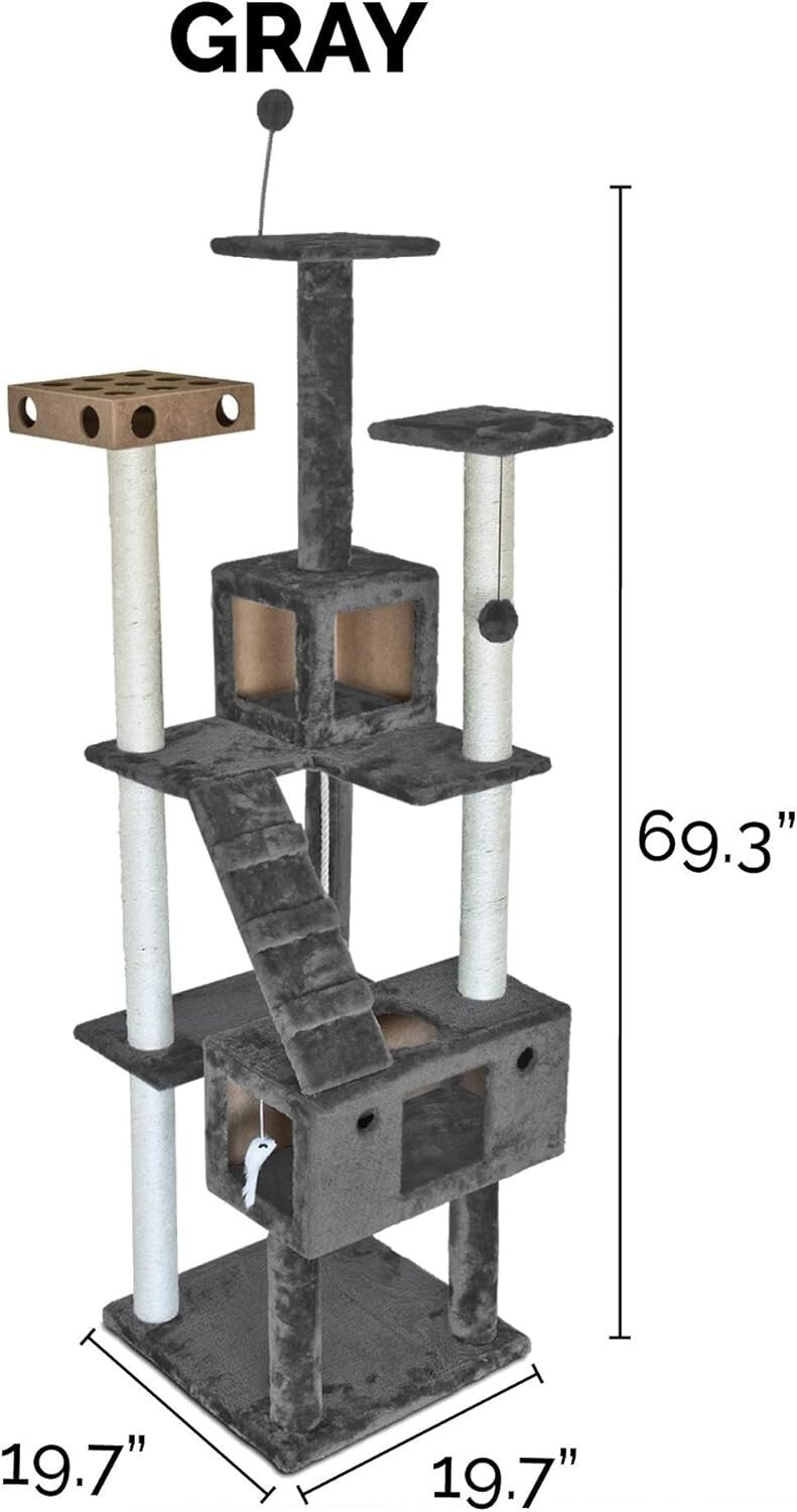 Interactive 69.3" Tall Cat Playground Tower with Toys & Condos in Silver Gray