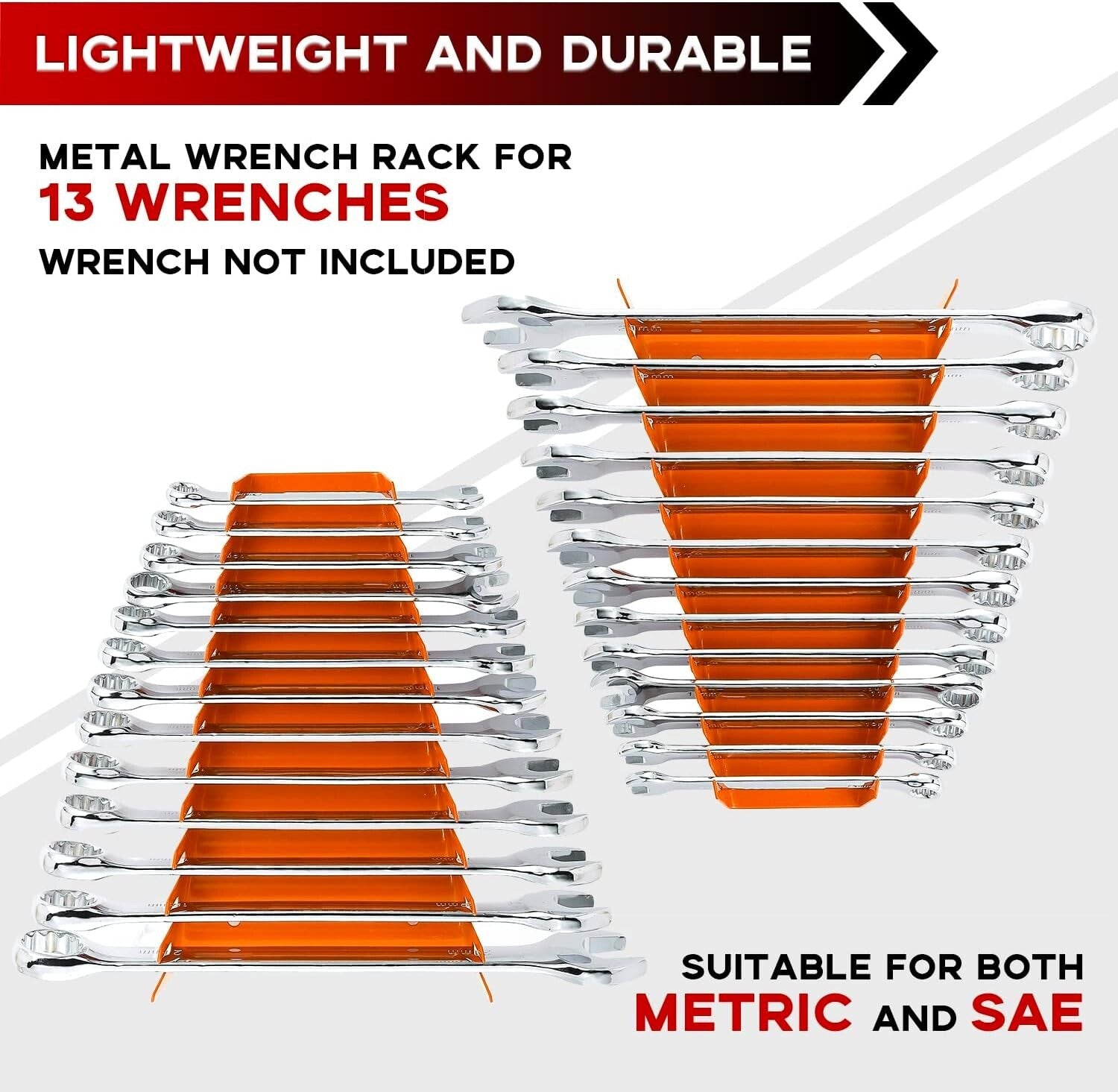 Compact Metal Wrench Organizer for Wall or Drawer - 104 Slots, 8 Orange Racks