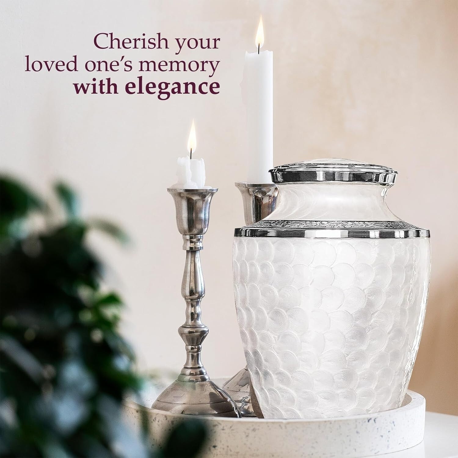 Large Decorative Burial Urn for Human Ashes - Opal Finish with Silver Lining