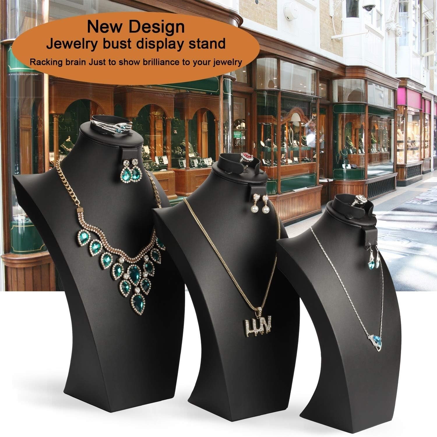 16.3" Tall Luxury Black Jewelry Bust for Necklaces, Rings, and Bracelets Display