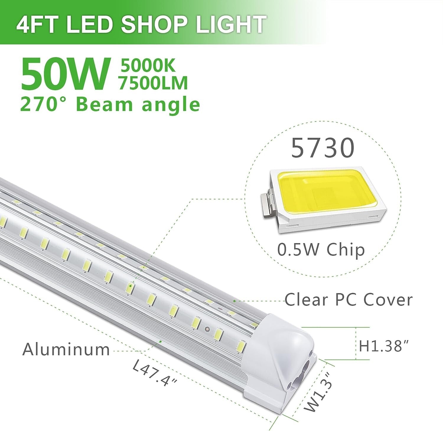 8-Pack 4FT LED Shop Lights - 50W, 7550LM - Daylight White for Garage & Workshop
