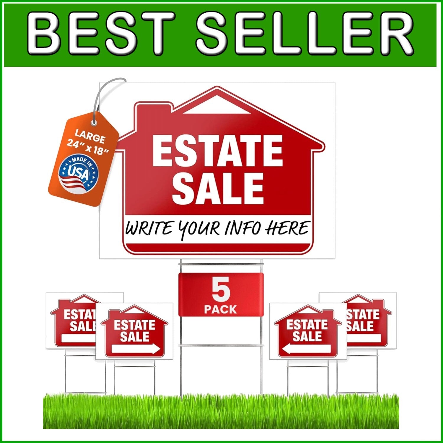 Directional Estate Sale Signs 5 Pack 24" x 18" Double-Sided with Steel Stakes