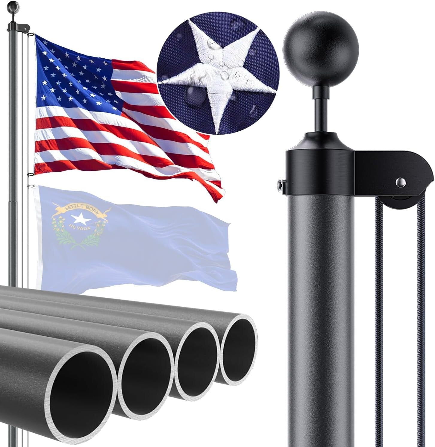 Commercial Grade 25FT Flag Pole Kit - 13 Gauge Aluminum with Embroidered Flag