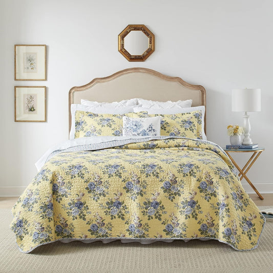 Lightweight & Breathable Floral Cotton Quilt Set - Queen, Pre-Washed Softness