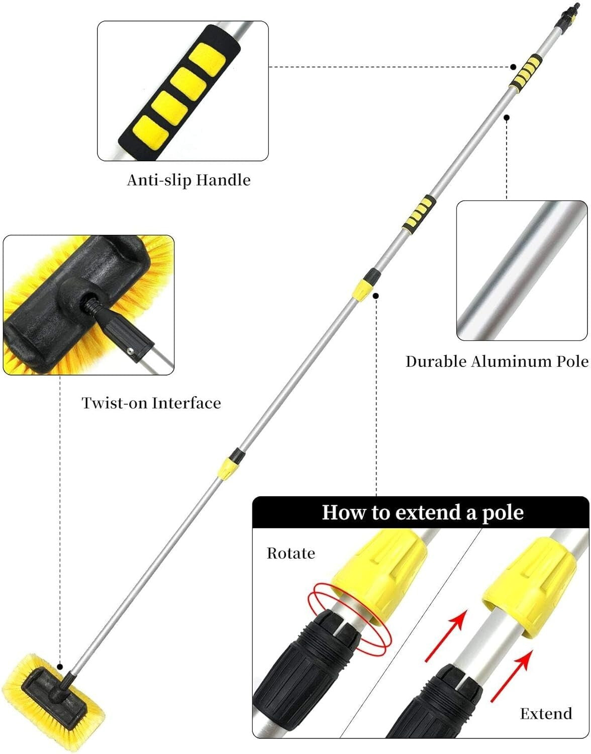 Aluminum Telescopic Car Wash Brush with Soft Bristles & Hose Connector - 5-12 Ft