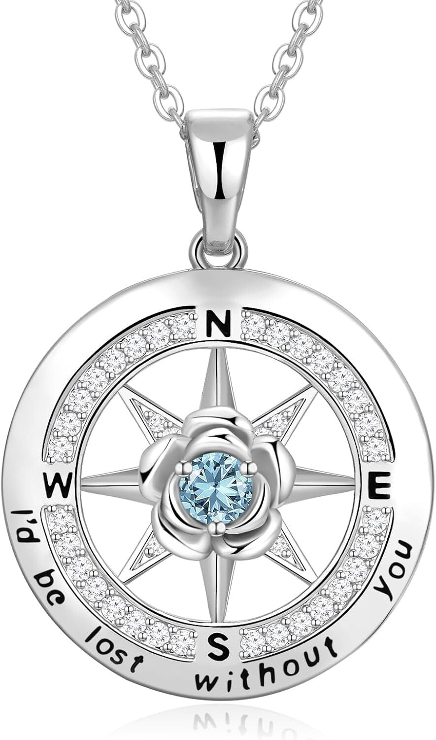 Engraved Rose Flower Compass Necklace for Women - Sterling Silver Gemstone Gift