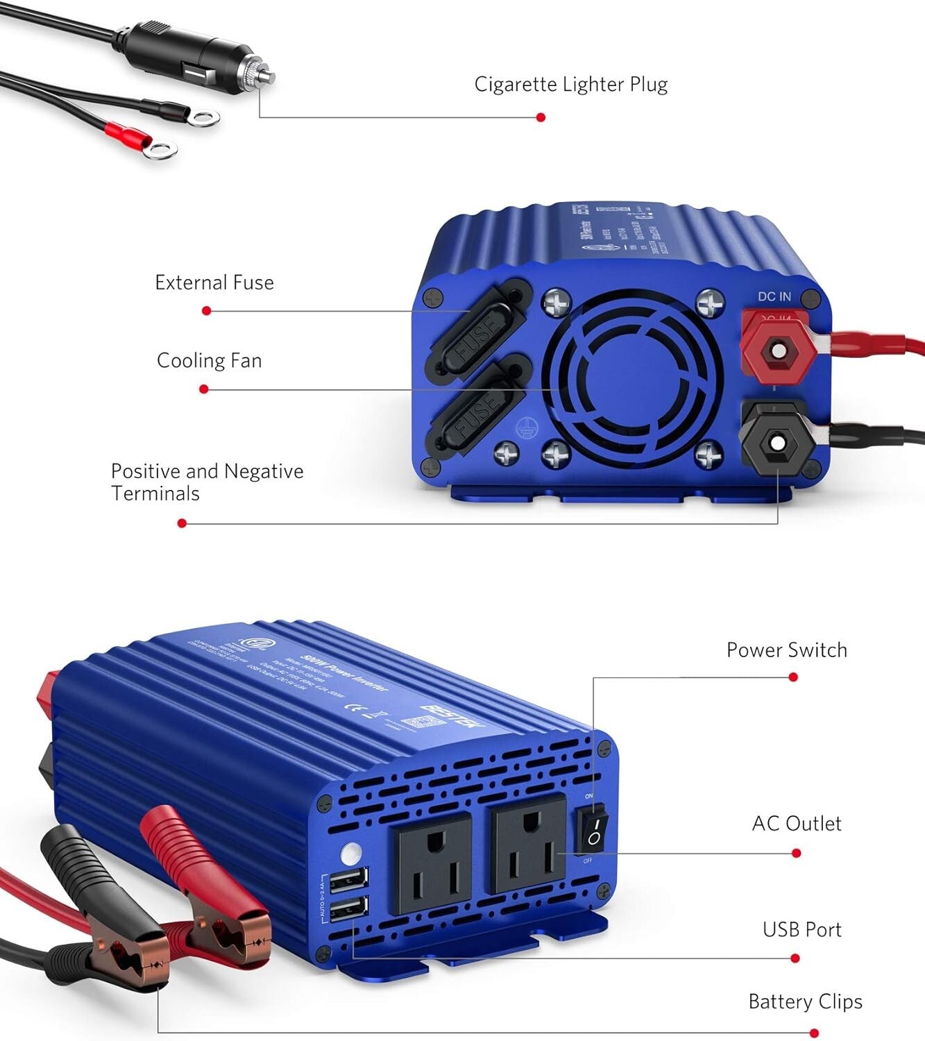 500W Power Inverter with Smart Cooling Fan - Safe, Quiet, and Compact Design