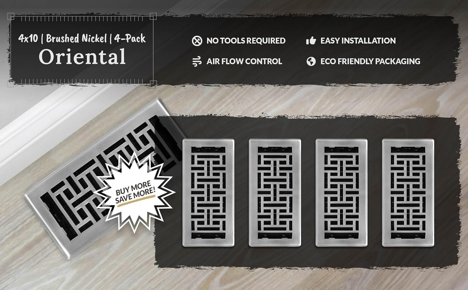 Elegant 4-Pack of 4x10 Vent Covers in Brushed Nickel Finish for Home Decor