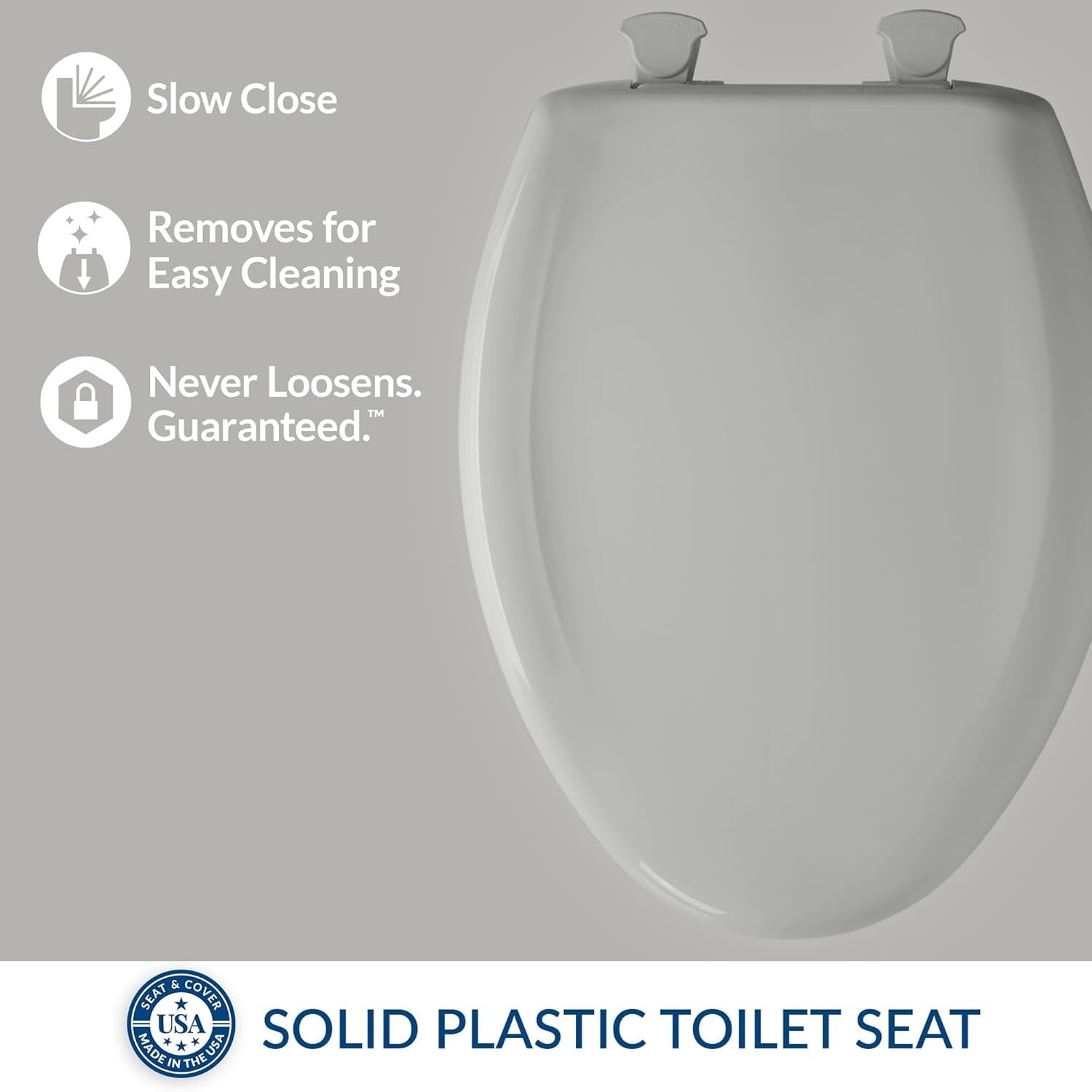 Classic Ice Grey Plastic Toilet Seat with Easy Install and Slow Close Features