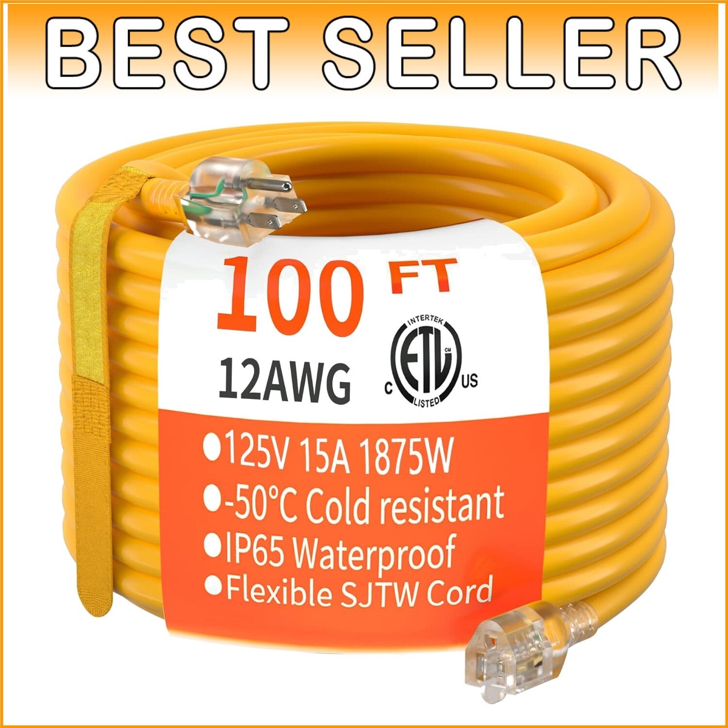 100 ft Lighted Outdoor Extension Cord | 12/3 Gauge for All Weather Applications