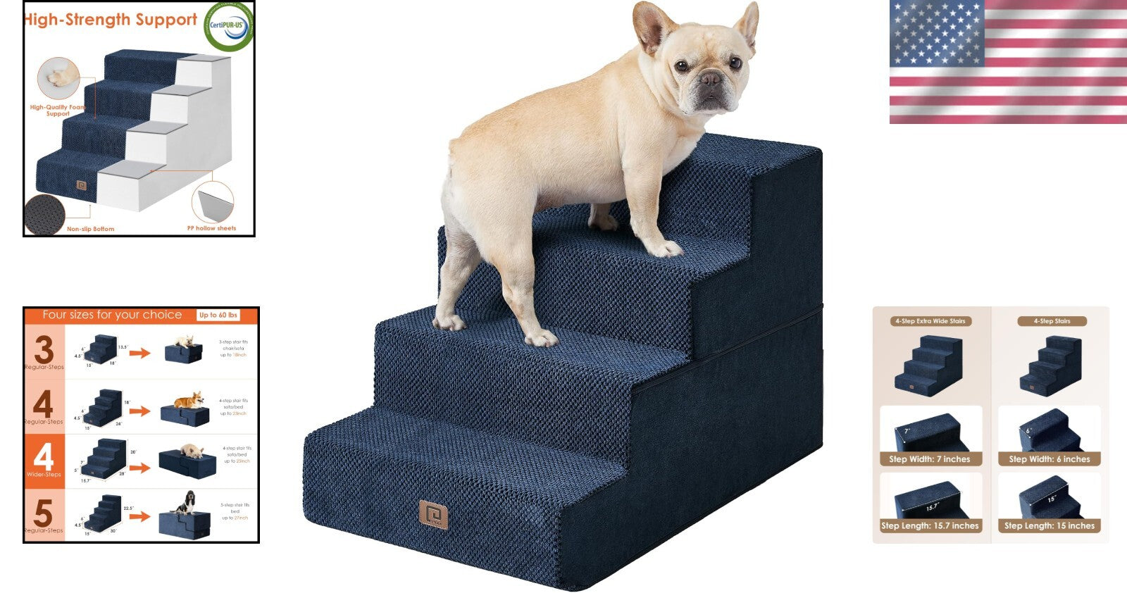 Extra Wide 4-Step Pet Stairs - Safe Access for Small Dogs & Cats in Navy