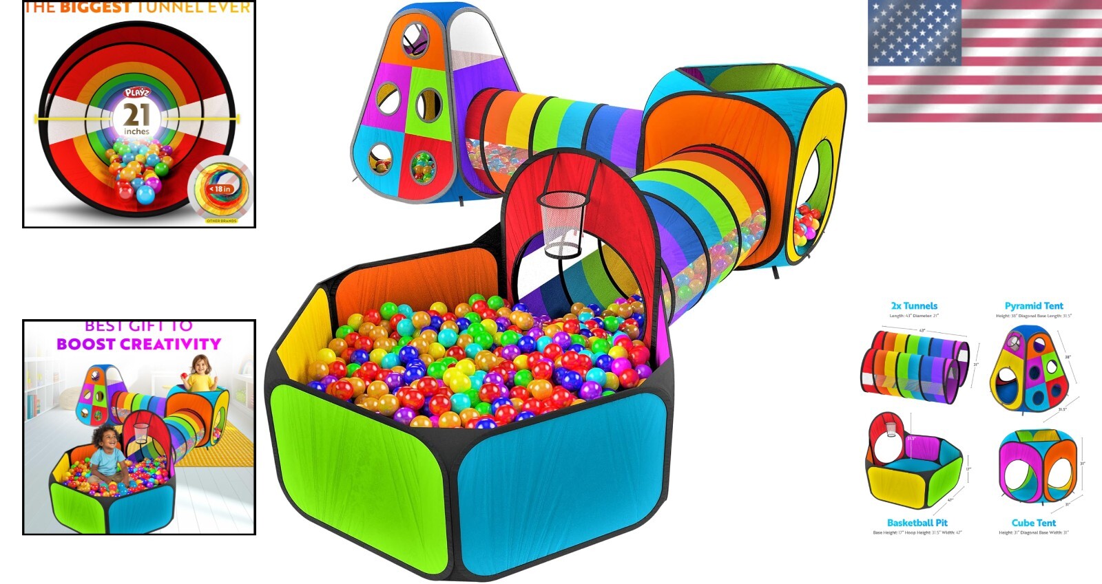 Durable 5pc Indoor/Outdoor Kids Play Tents with Crawling Tunnels & Ball Pit