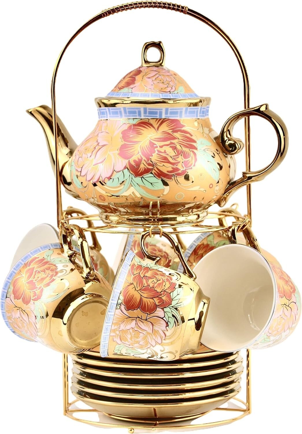 20-Piece European Porcelain Tea Set with Golden Holder - Flower Pattern