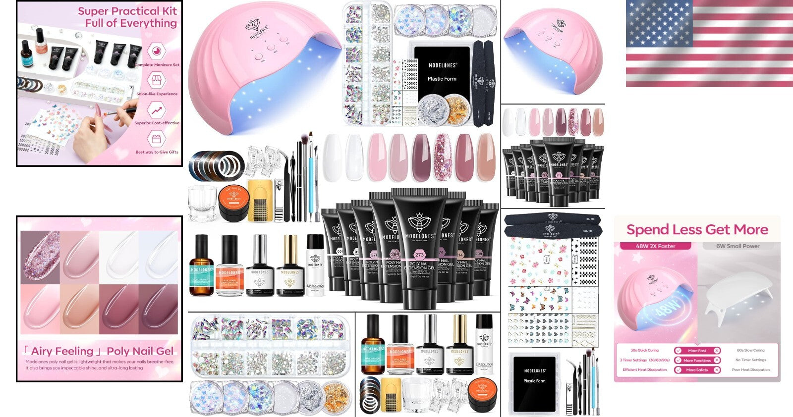 Complete 8 Rosy Pink Poly Nail Gel Kit with 48W UV/LED Lamp - Perfect Home Ma...