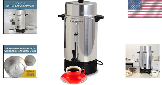 Elegant 100-Cup Coffee Urn with Removable Filter & Cool-Touch Handles for Safety